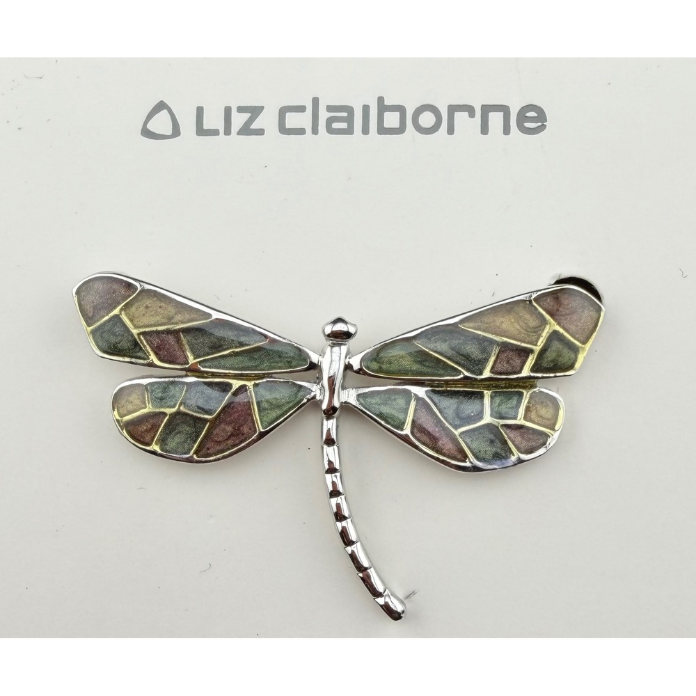 Liz Claiborne Dragonfly Brooch Warm Multicolor Silver Tone‎ Enamel Stained Glass